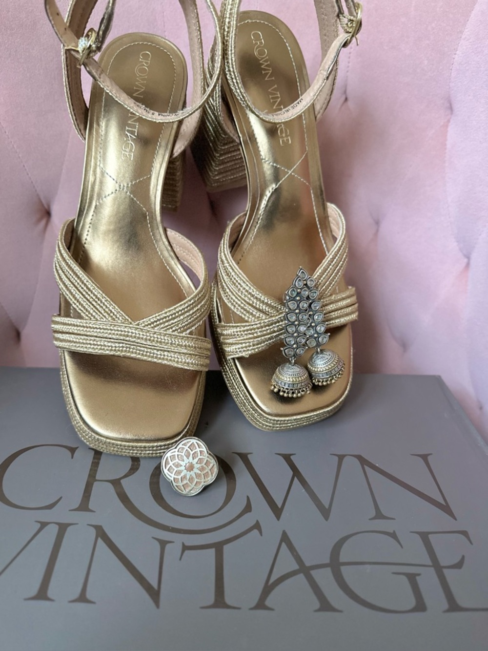 Crown Vintage Metallic Gold Block Heel Sandals with Ankle Strap